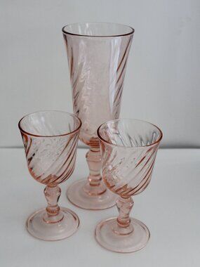 Vintage 80's Rosaline Swirl Pink Glass 3 Pieces